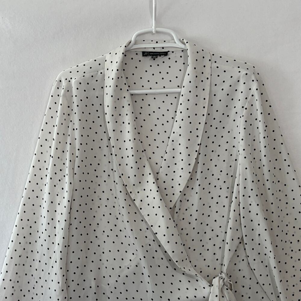 Adrianna Papell Wrap Blouse Womens XL White Black Polka Dots V-Neck Long Sleeve - Picture 3 of 7